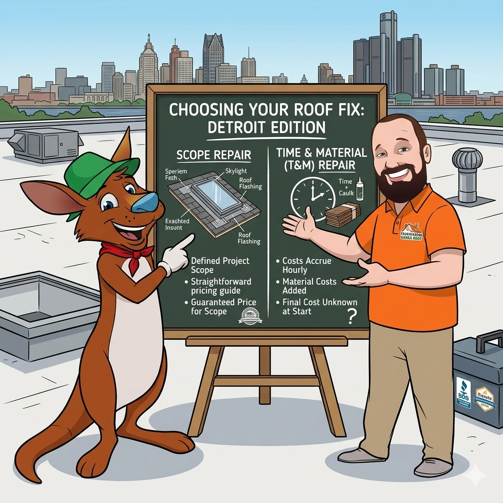 Featured image for “Scope Repair vs. Time & Material (T&M) Repair: Which is Right for Your Metro Detroit Roof?”