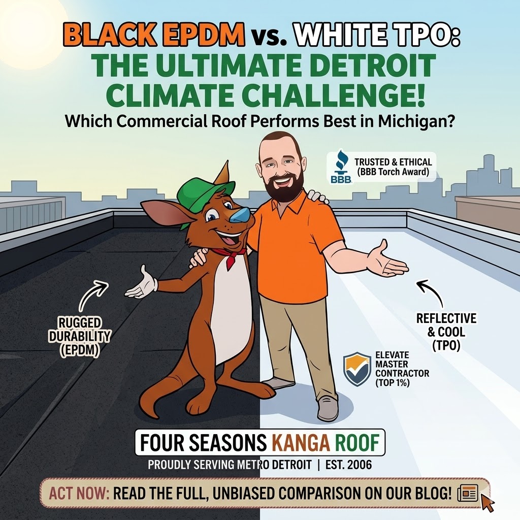 Featured image for “Black EPDM vs. White TPO Roofing in Metro Detroit: Which Commercial Roof Performs Best in Michigan’s Climate?”
