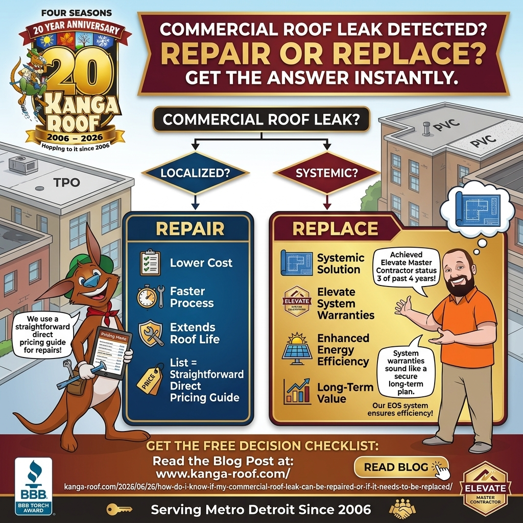 Featured image for “How do I know if my commercial roof leak can be repaired or if it needs to be replaced?”