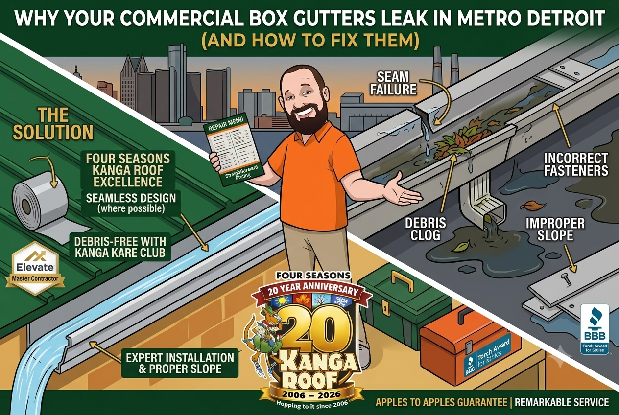 Featured image for “Why Your Commercial Box Gutters Leak in Metro Detroit (And How to Fix Them)”