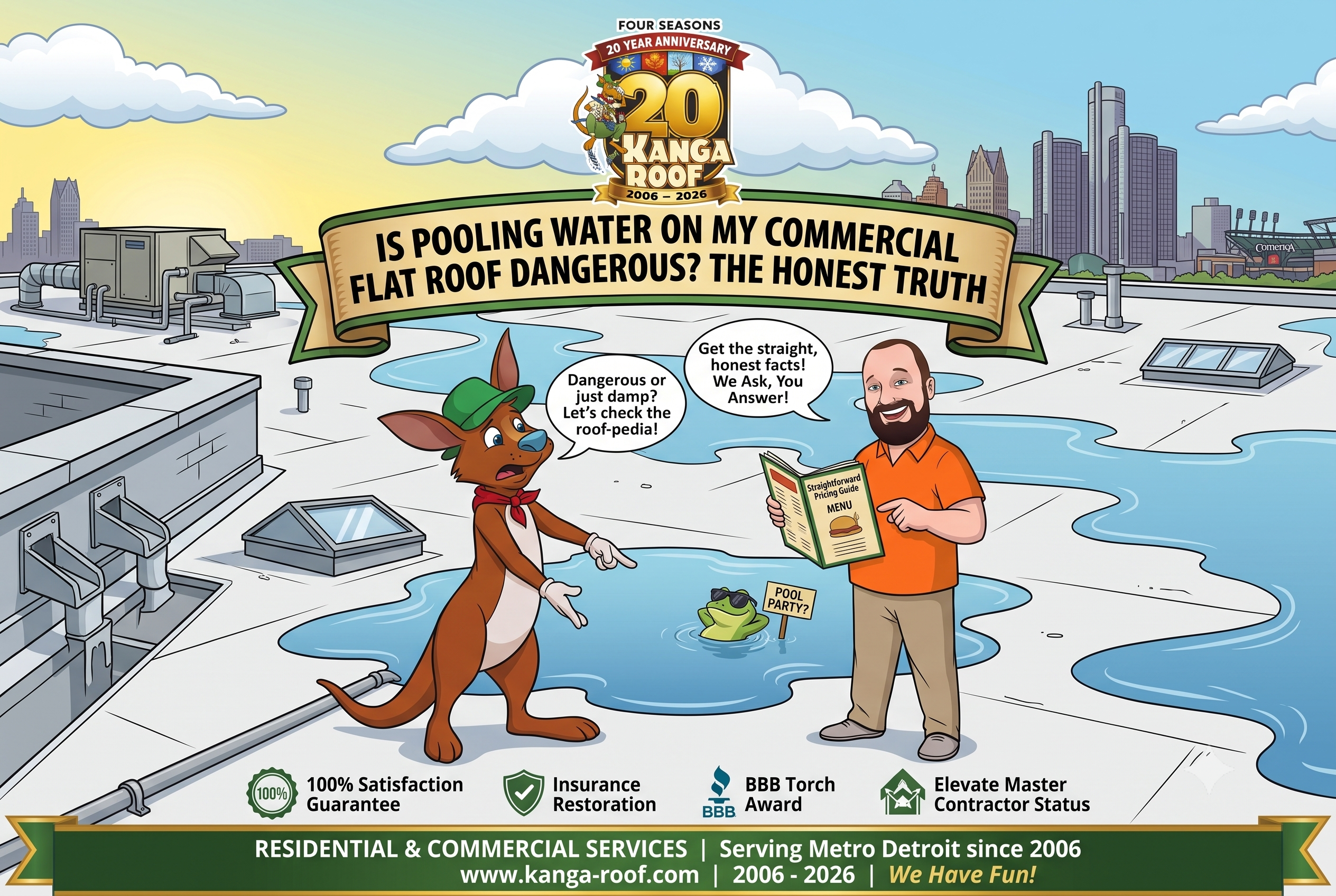 Featured image for “Is Pooling Water on My Commercial Flat Roof Dangerous? The Honest Truth”